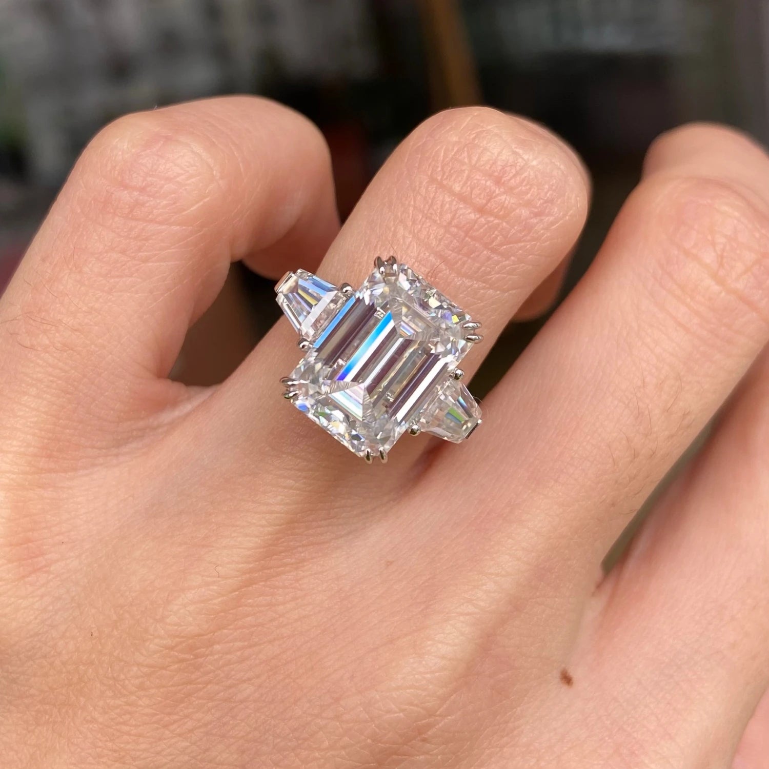 3 Stone Emerald Cut Engagement Ring 925 Silver/10k/14k/18K 2024 White Gold, Three Stone Diamond Ring, Moissanite Ring, Past Present Future Ring