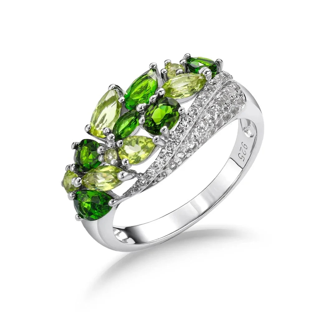 Elegant Natural Peridot Diopside Gemstone Ring – Black Diamonds 