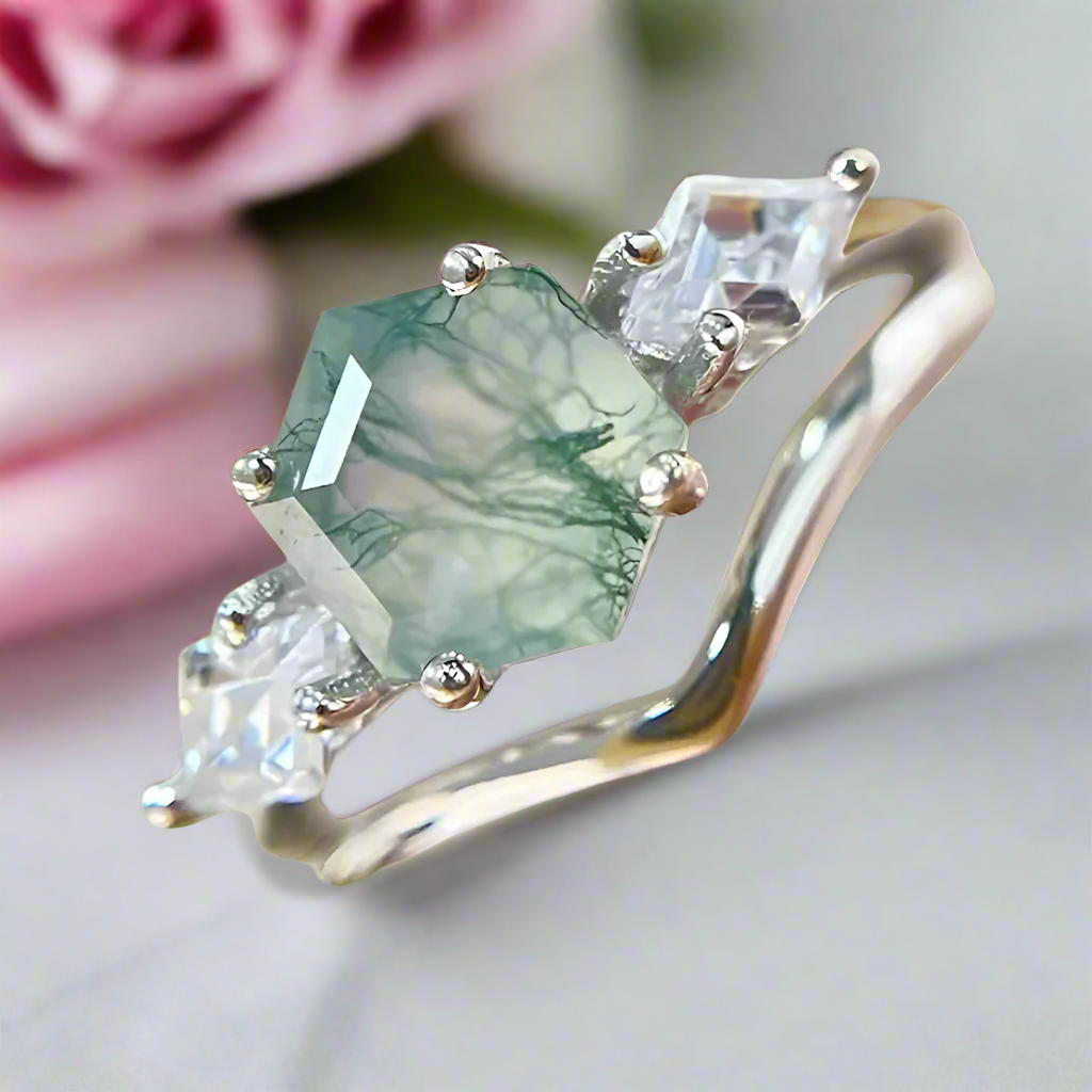 Rose Gold Moss Agate Ring Sterling Silver Wedding Ring Women Unique Moissanite Flower Band Prongs Set Aquatic Green on sale Agate Promise Ring