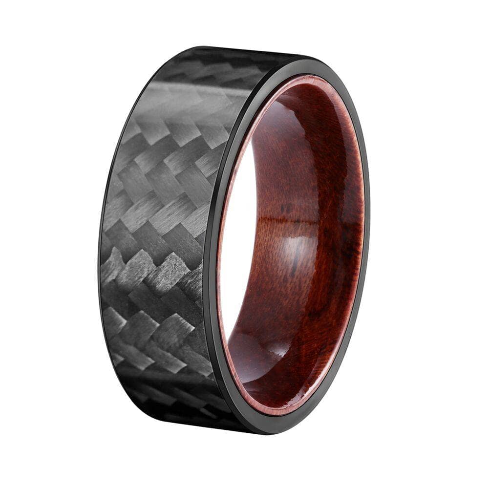 Black Carbon Fiber Ring Mens Wedding Band Wooden Ring - 8mm Rose Wood Wedding Rings for Men 10 1/2