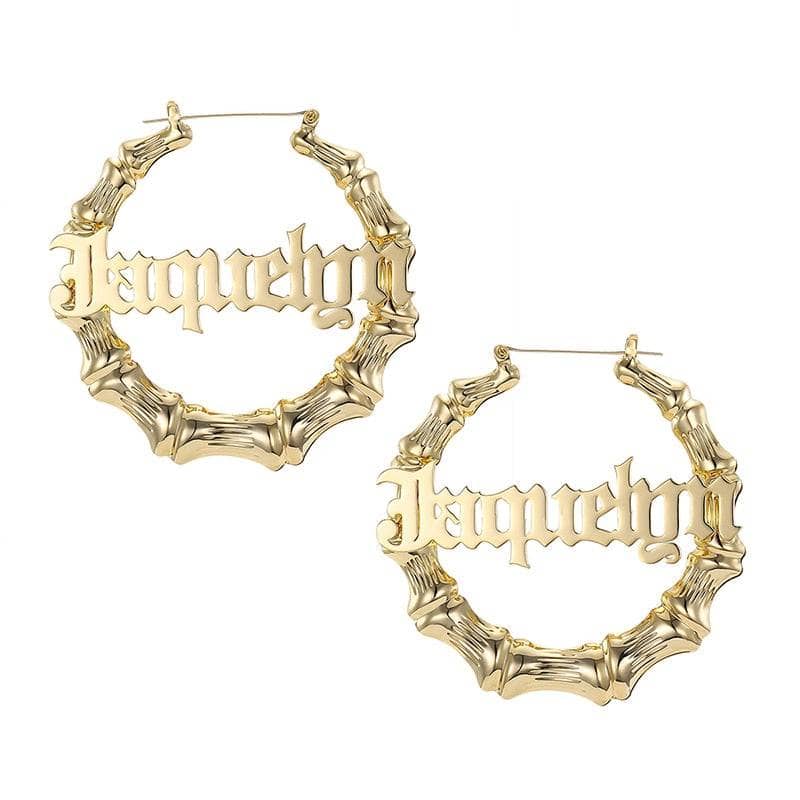 Custom Bamboo Customize Name Hoop Earrings 70mm / Rose Gold