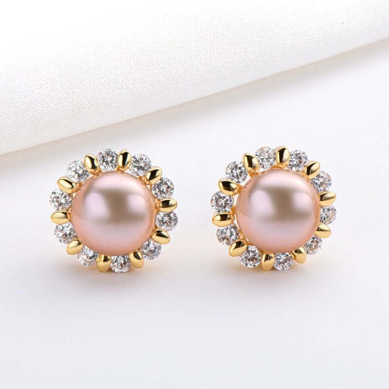 18K Gold Pearl Stud Earring with Diamond,Sun Flower Diamonds with  Pearls,Dual-use Pearl Diamond Earring