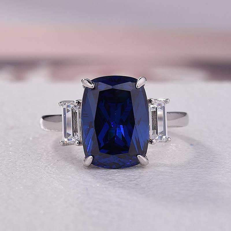 Three Stone Ring Cushion Cut Lab Created Sapphire K Solid Gold Ring For Women Engagement store Ring Wedding Band Promise Anniversary Gifts