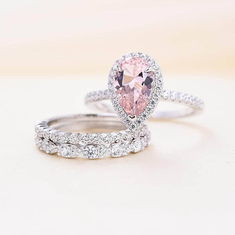 Morganite three stone ring: 3pcs simulated Morganite & 2024 simulated diamond engagement ring in solid 925 sterling silver