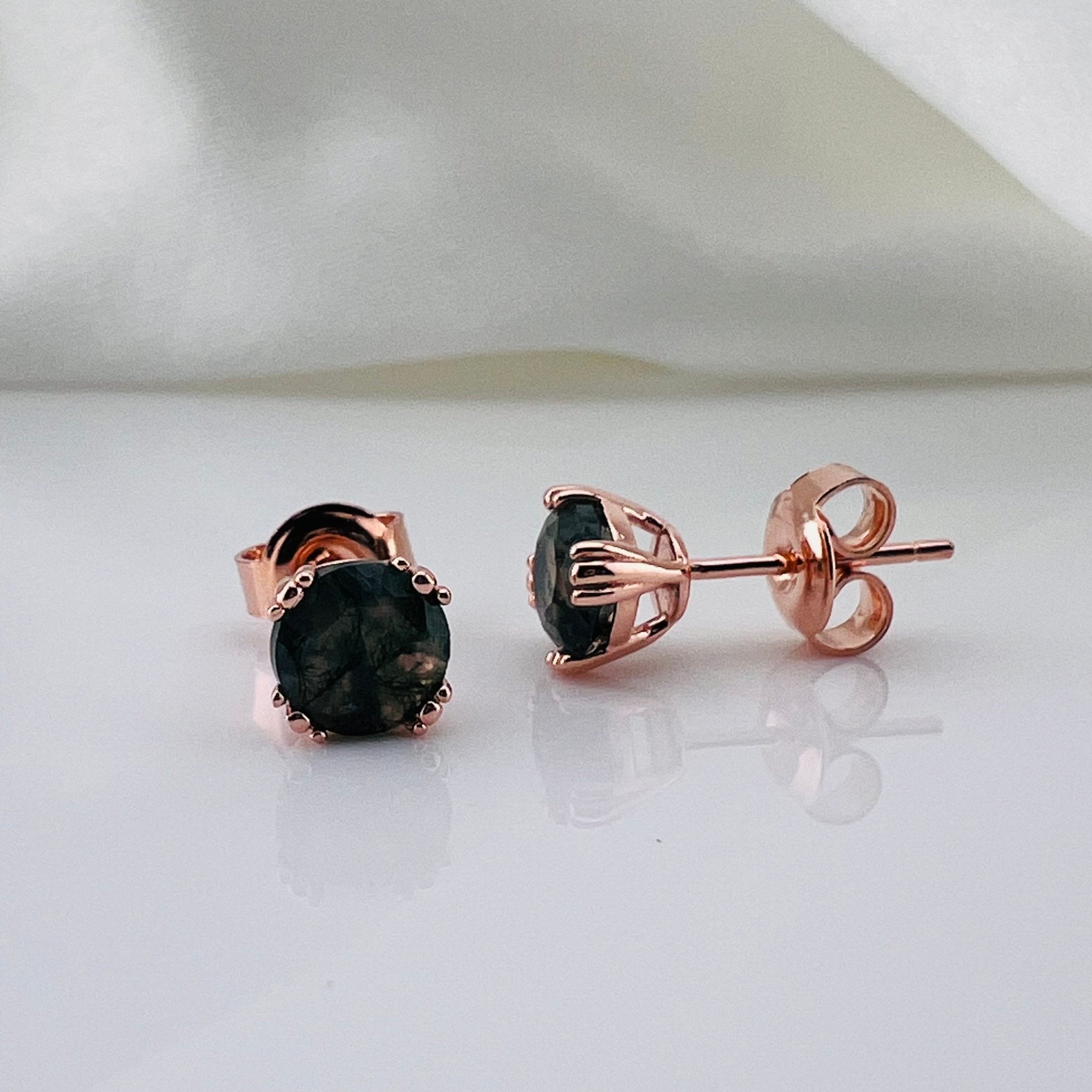 1.0 Ct 6mm Round Cut Moss Agate Claw Prongs Studs Earrings-Black Diamonds New York