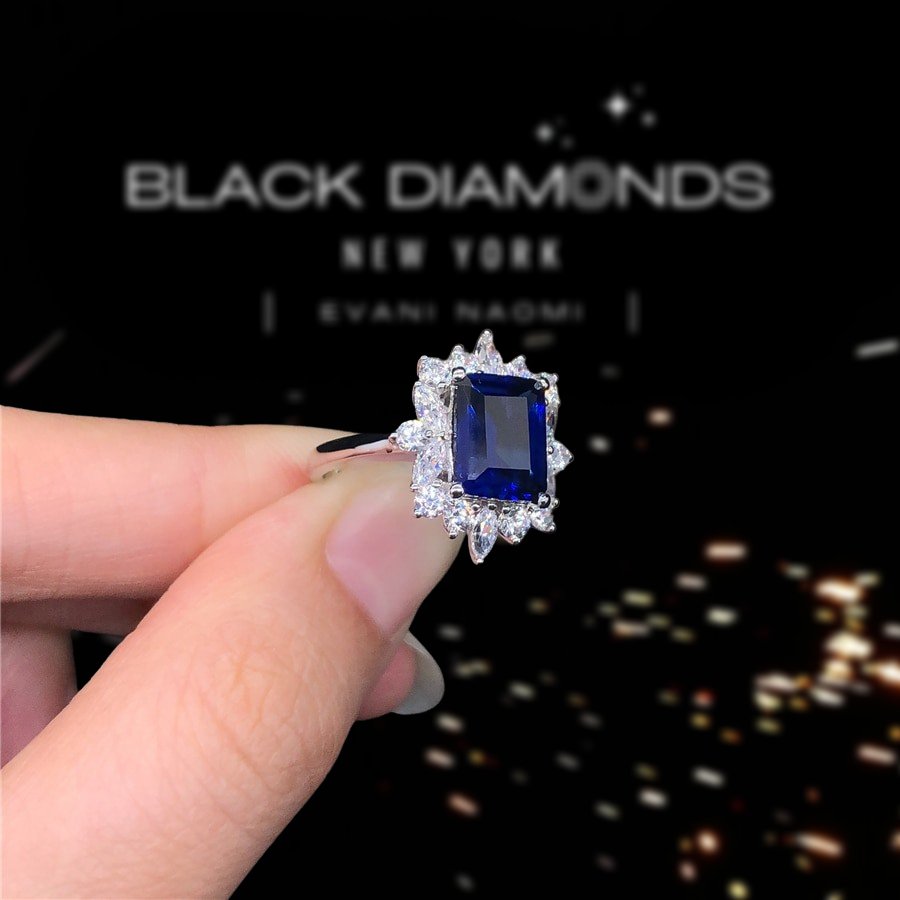 14k White Gold 3.0 Ct Blue Sapphire Diamond Engagement Ring-Black Diamonds New York