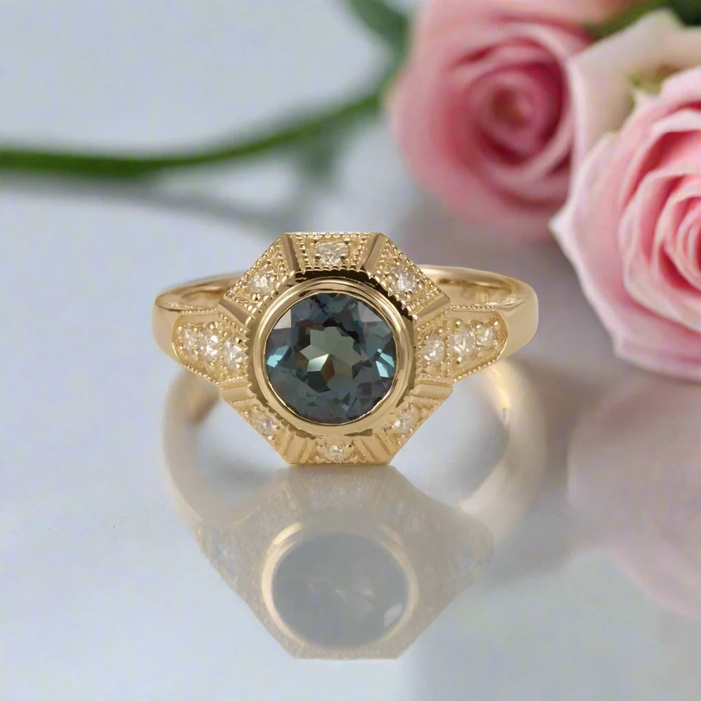 14k Yellow Gold Round Cut Alexandrite Filigree Engagement Ring-Black Diamonds New York