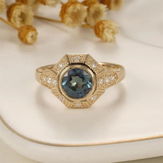 14k Yellow Gold Round Cut Alexandrite Filigree Engagement Ring-Black Diamonds New York