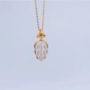 18k Yellow Gold Leaf Pendant Necklace With White Shell-Black Diamonds New York