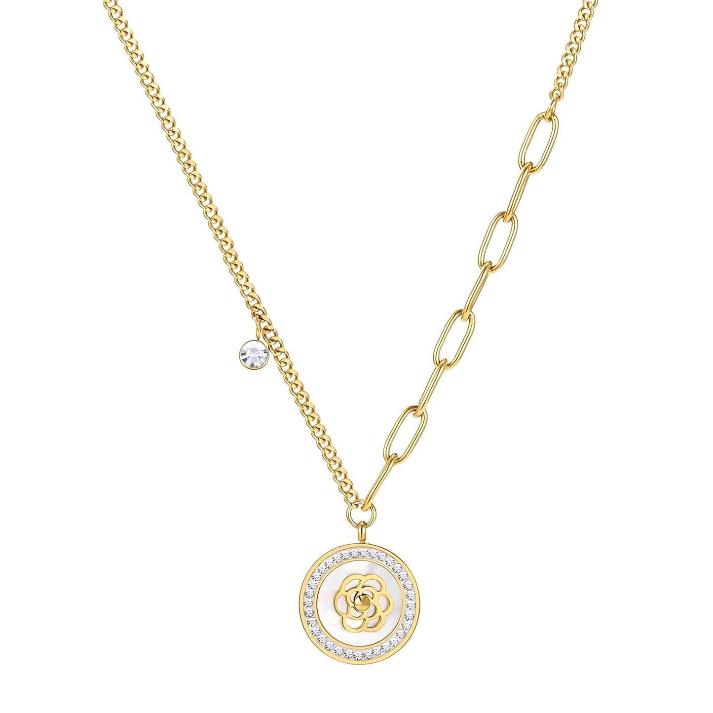 18k Yellow Gold Rose in a Shell Pendant Necklace-Black Diamonds New York