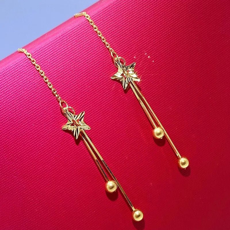 18k Yellow Gold Star Tassel Drop Earrings-Black Diamonds New York