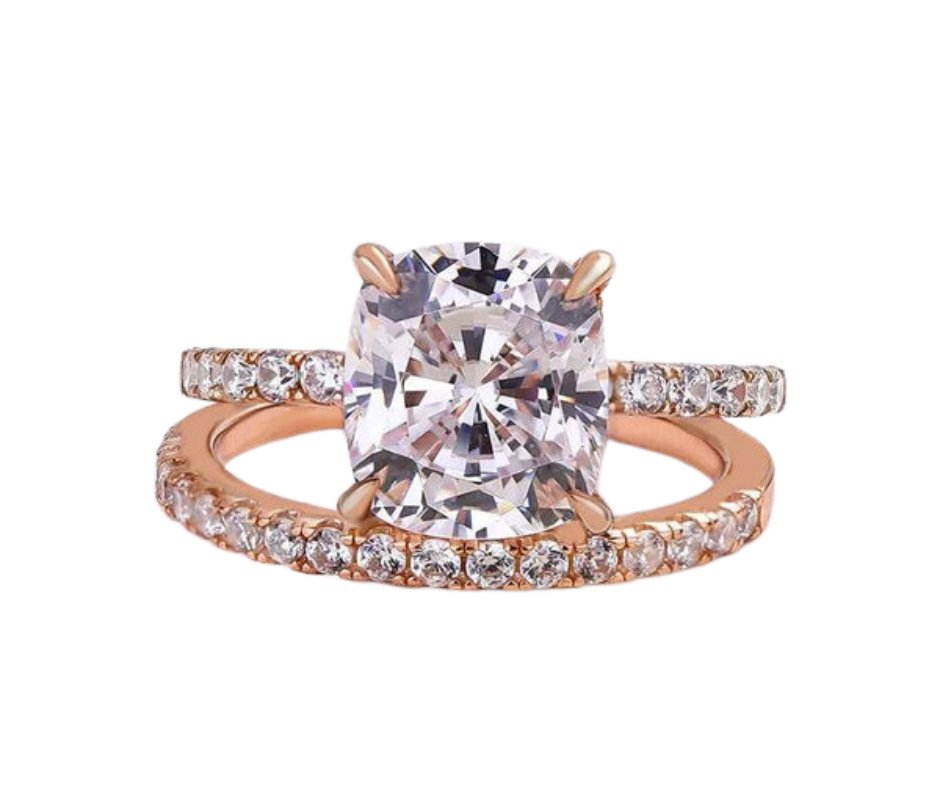 3.0ct Cushion Cut Rose Gold Clear Simulated Sapphire Wedding Ring Set-Black Diamonds New York