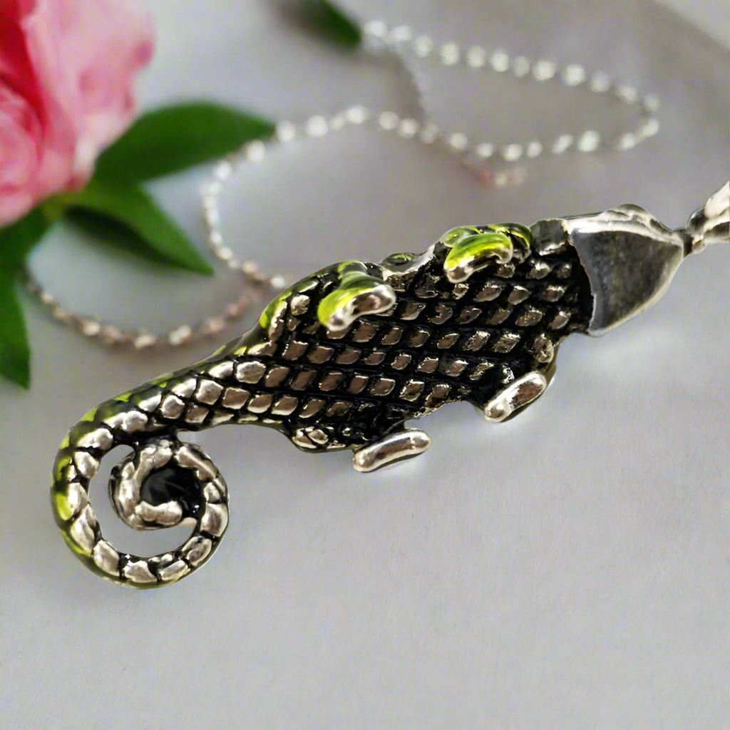 Pirate Green Lizard Chameleon Pendant-Black Diamonds New York