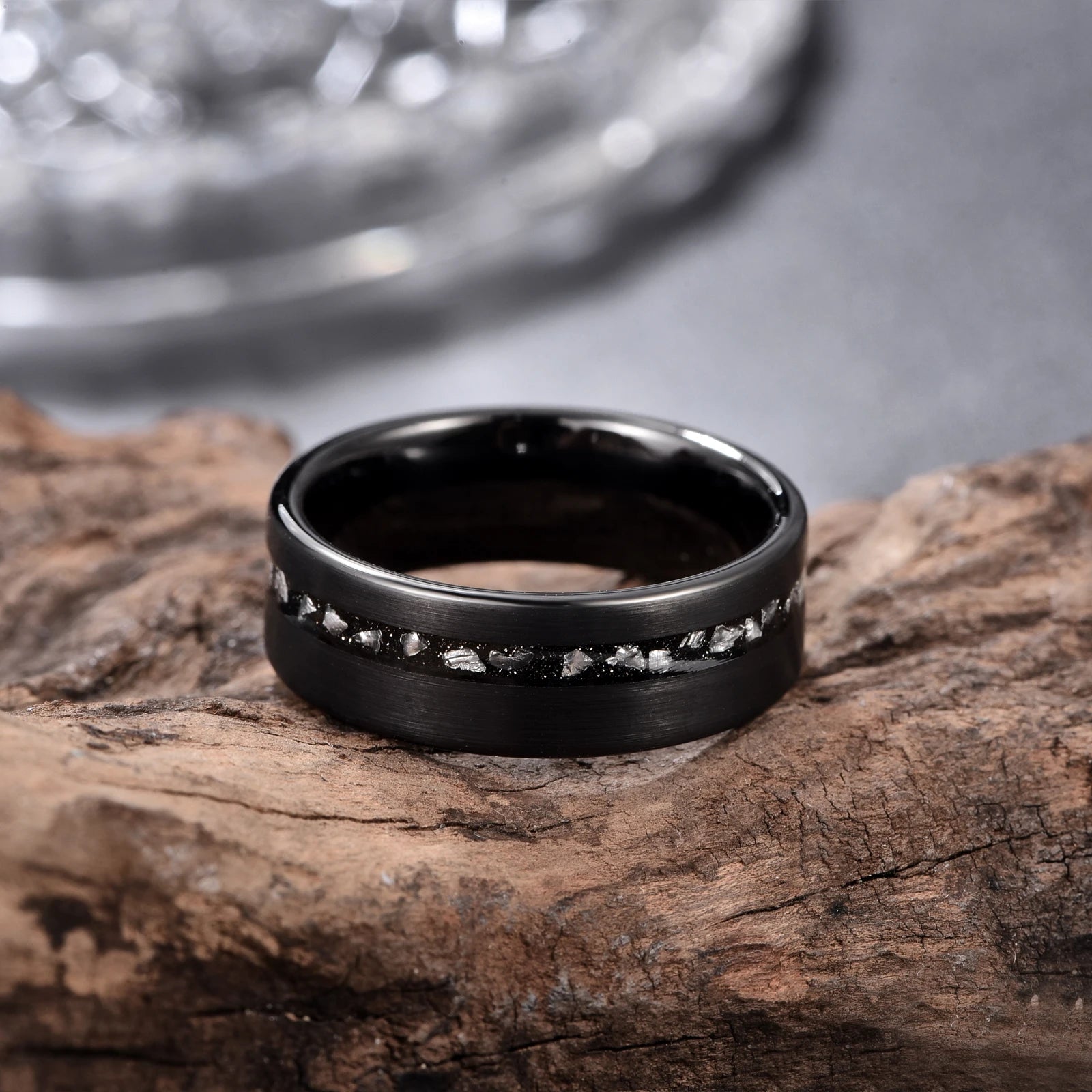 8mm Black Brushed Tungsten Men's Wedding with Meteorite Fragments-Black Diamonds New York