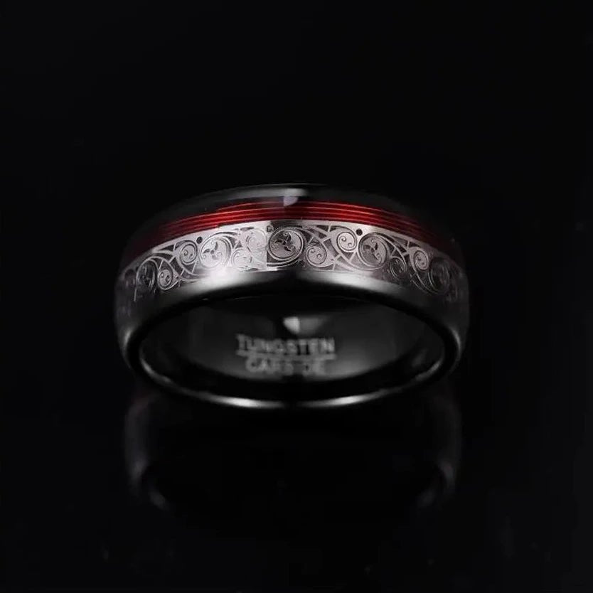 8mm Black Tungsten Wedding Band with Spiral & Red String Inlay-Black Diamonds New York