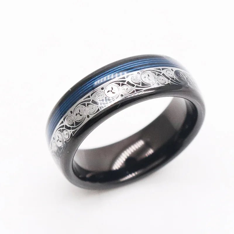 8mm Black Tungsten with Spiral Pattern & Blue Guitar String Inlay-Black Diamonds New York