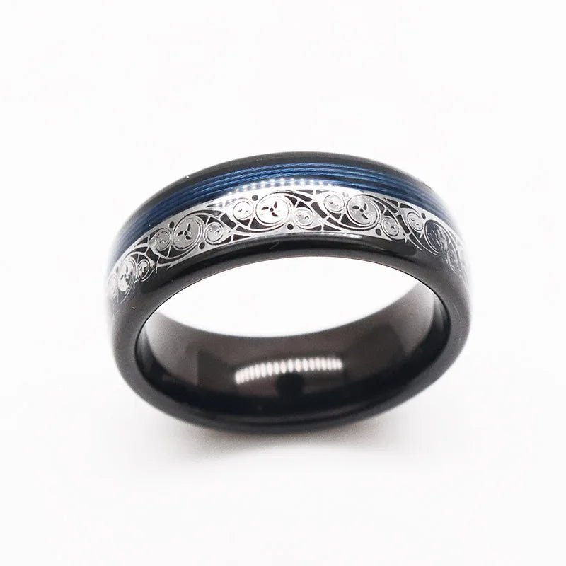 8mm Black Tungsten with Spiral Pattern & Blue Guitar String Inlay-Black Diamonds New York