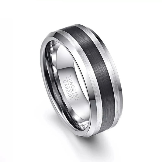 8mm Brushed Finish and Black Center Beveled Edge Ring Band-Black Diamonds New York