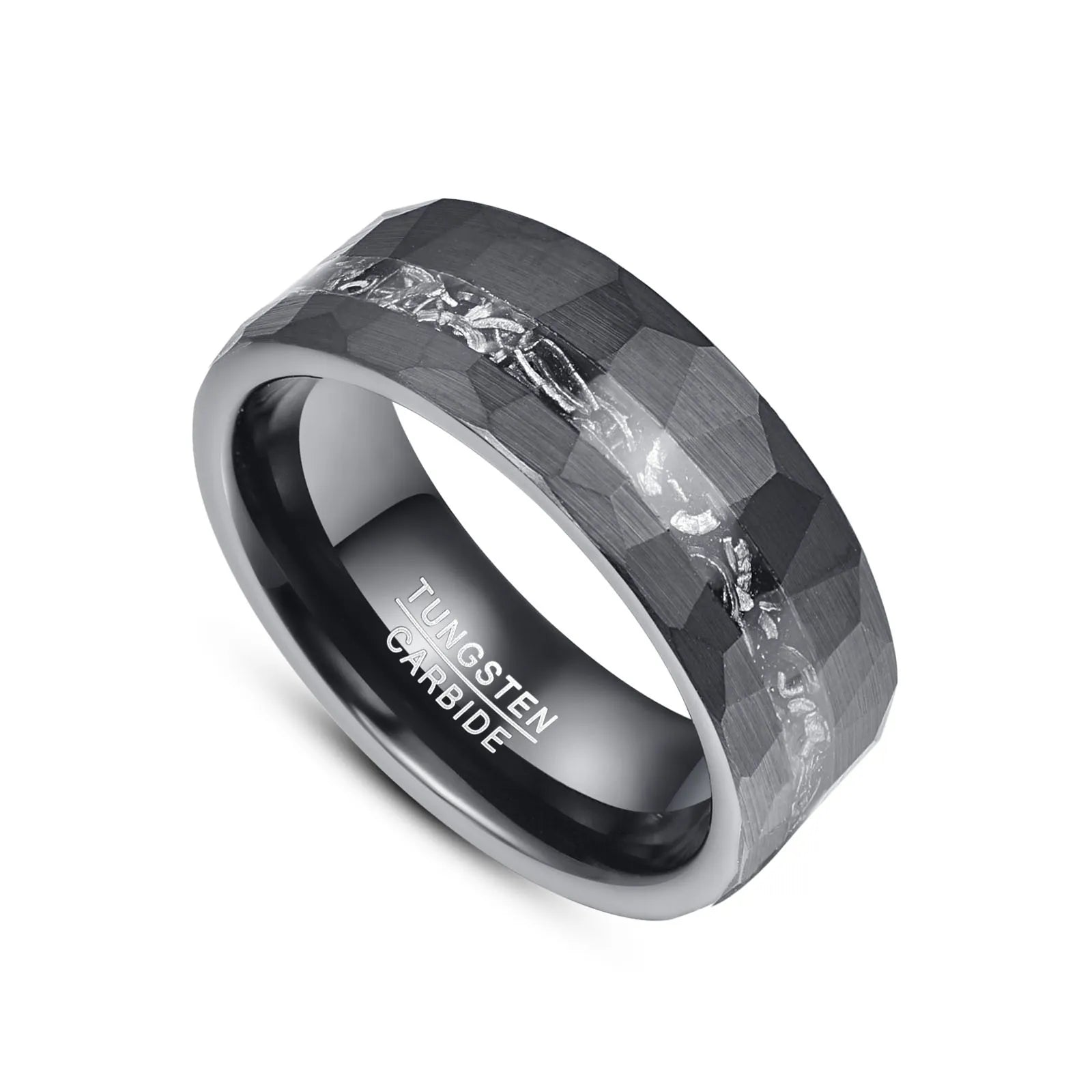 8mm Brushed Matte Black Hammered Tungsten Wedding Band with Meteorite Inlay-Black Diamonds New York