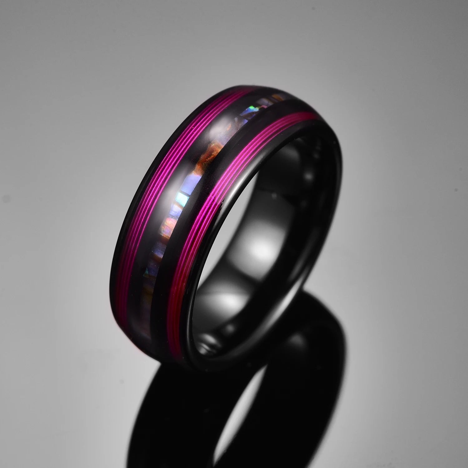 8mm Dome Black Tungsten Wedding Band with String & Abalone Inlay-Black Diamonds New York