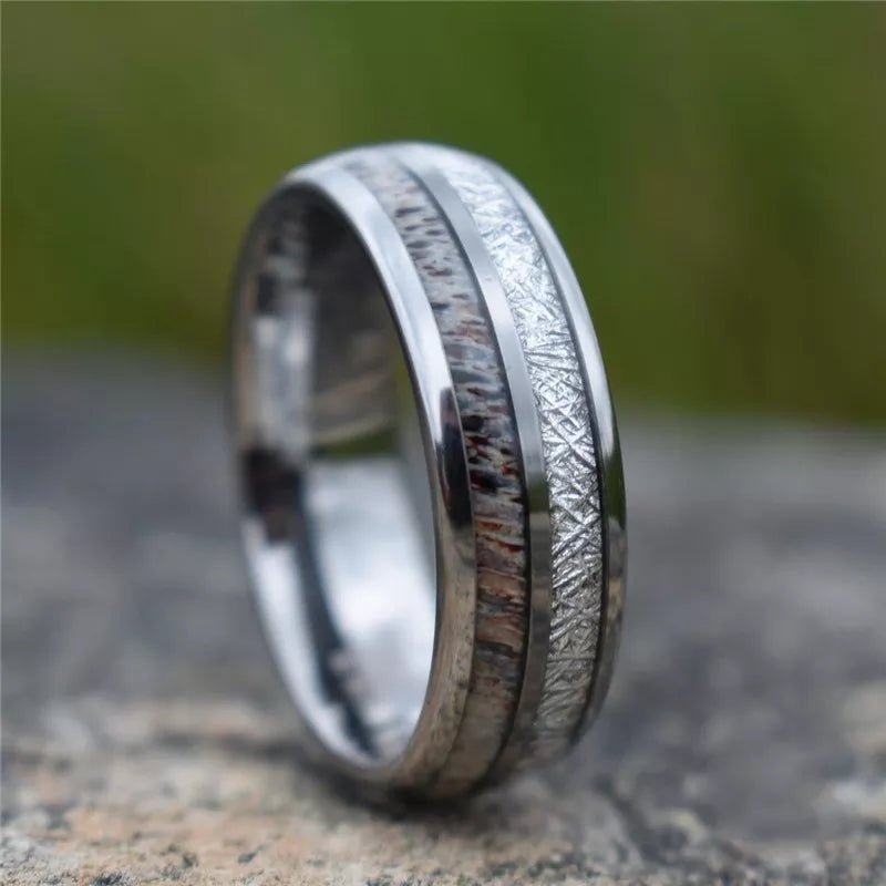 8mm Domed Men's Wedding Band with Meteorite Antler Inlay-Black Diamonds New York