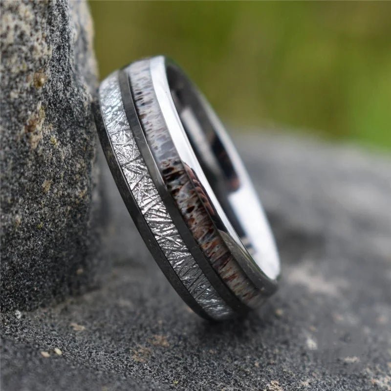 8mm Domed Men's Wedding Band with Meteorite Antler Inlay-Black Diamonds New York