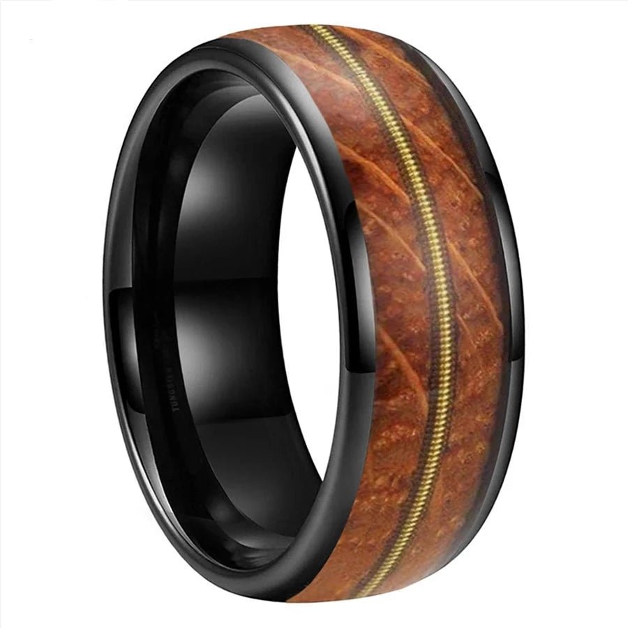 8mm Domed Tungsten Men's Wedding Band with Oak Wood Inlay-Black Diamonds New York