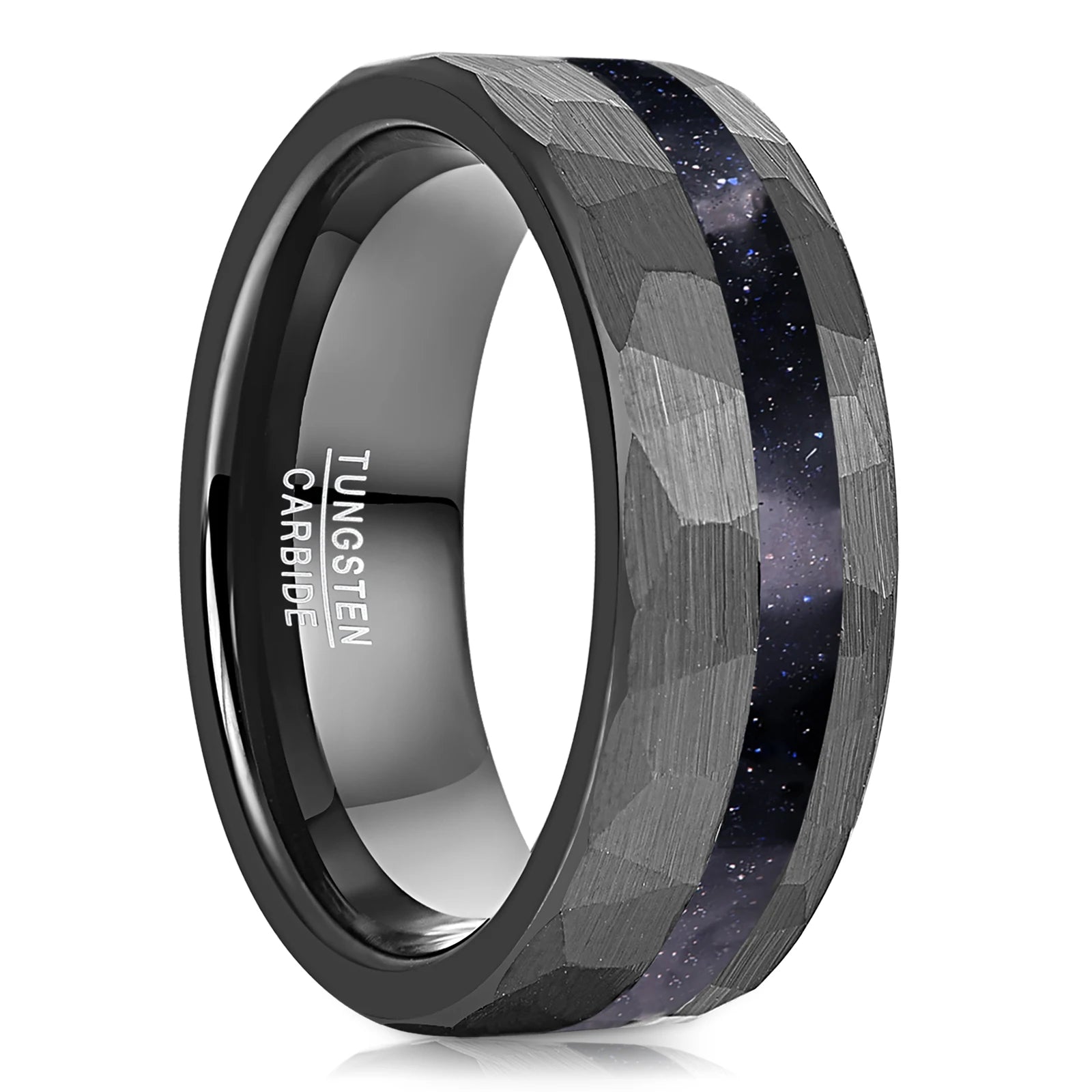 8mm Matte Black Hammered Tungsten Wedding Band with Blue Sandstone Inlay-Black Diamonds New York