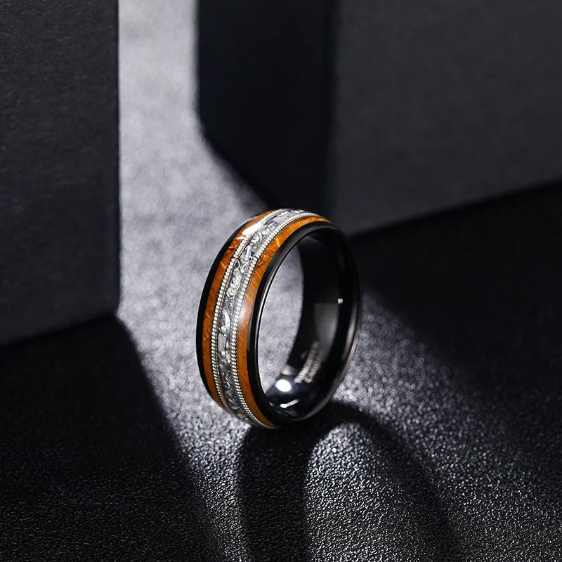 8mm Tungsten Wedding Band with Whiskey Wood Barrel & Aluminum Dross Inlay-Black Diamonds New York