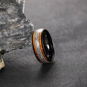 8mm Tungsten Wedding Band with Whiskey Wood Barrel & Aluminum Dross Inlay-Black Diamonds New York