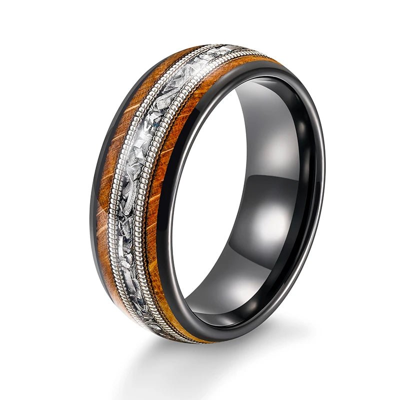 8mm Tungsten Wedding Band with Whiskey Wood Barrel & Aluminum Dross Inlay-Black Diamonds New York