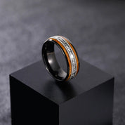 8mm Tungsten Wedding Band with Whiskey Wood Barrel & Aluminum Dross Inlay-Black Diamonds New York