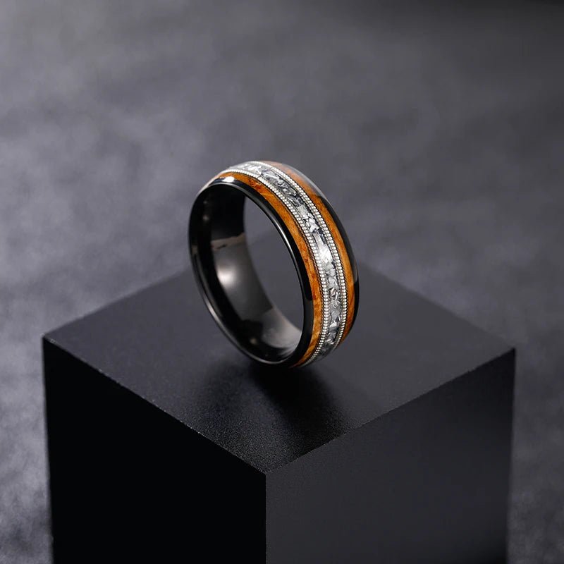 8mm Tungsten Wedding Band with Whiskey Wood Barrel & Aluminum Dross Inlay-Black Diamonds New York