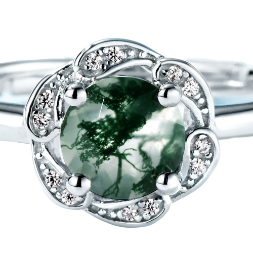 6*6mm Natural Moss Agate Engagement Ring-Black Diamonds New York