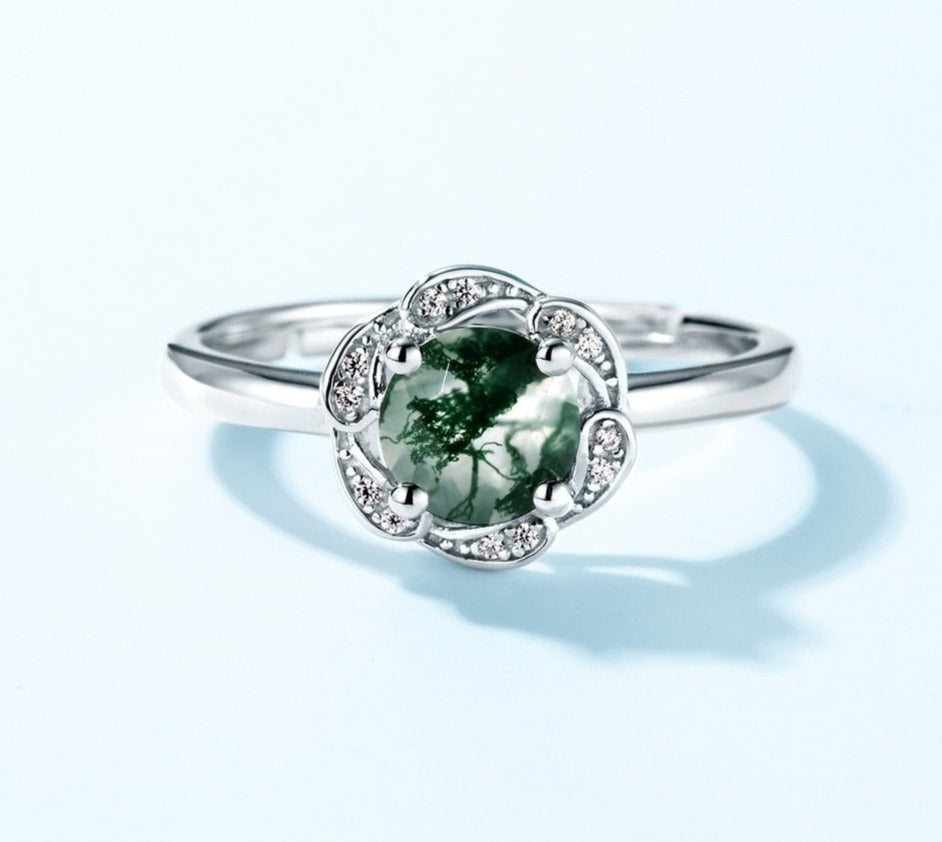 6*6mm Natural Moss Agate Engagement Ring-Black Diamonds New York