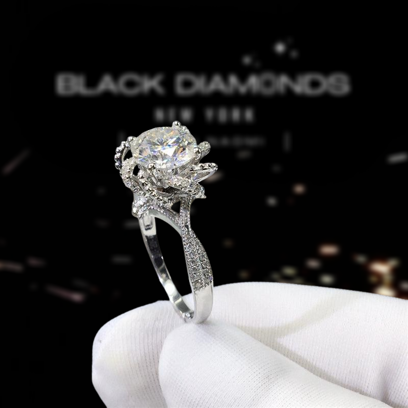 1.0 Ct Round Cut Diamond Princess Flower Engagement Ring-Black Diamonds New York