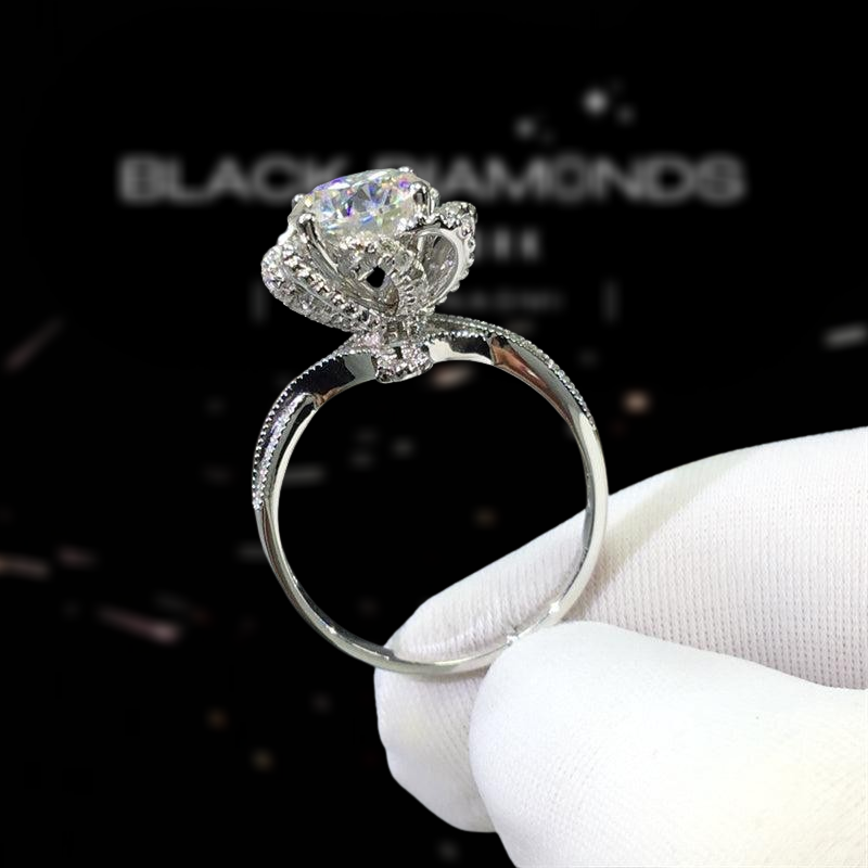 1.0 Ct Round Cut Diamond Princess Flower Engagement Ring-Black Diamonds New York