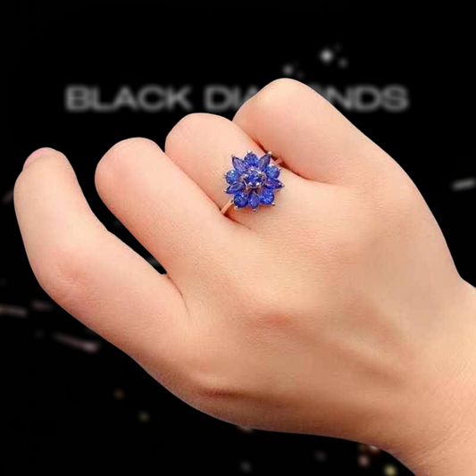 Natural Dark Blue Sapphire Flower Ring-Black Diamonds New York