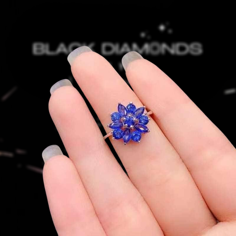 Natural Dark Blue Sapphire Flower Ring-Black Diamonds New York