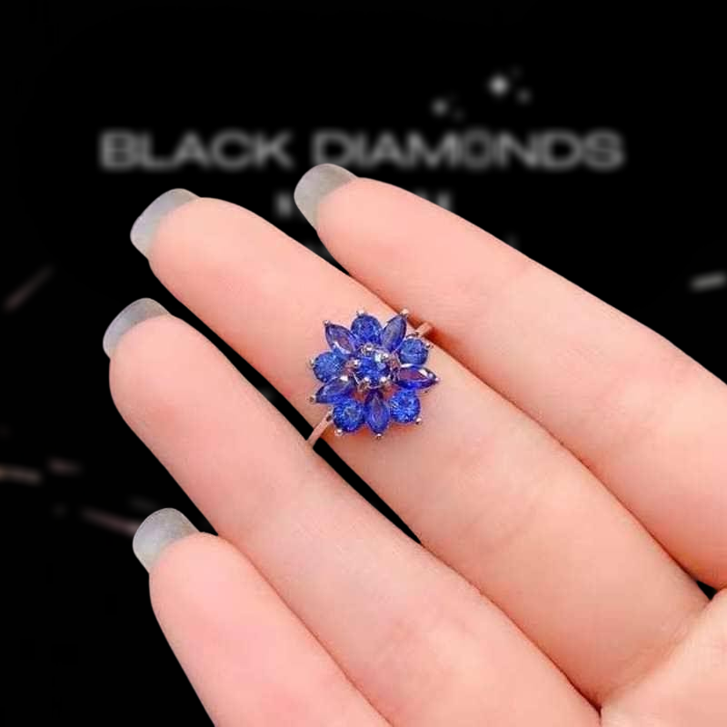 Natural Dark Blue Sapphire Flower Ring-Black Diamonds New York