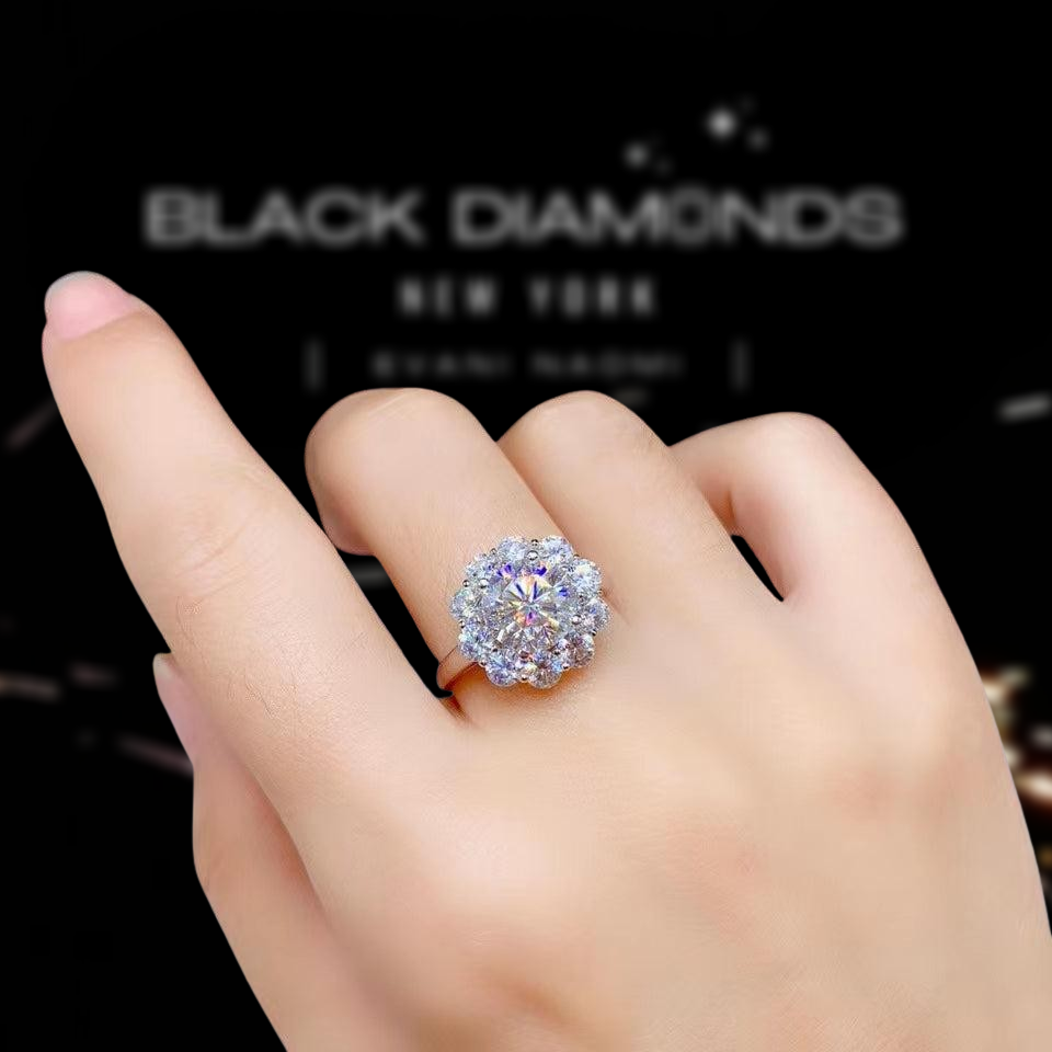 3.0 Ct Round Cut Crackling Diamond Flower Halo Engagement Ring-Black Diamonds New York