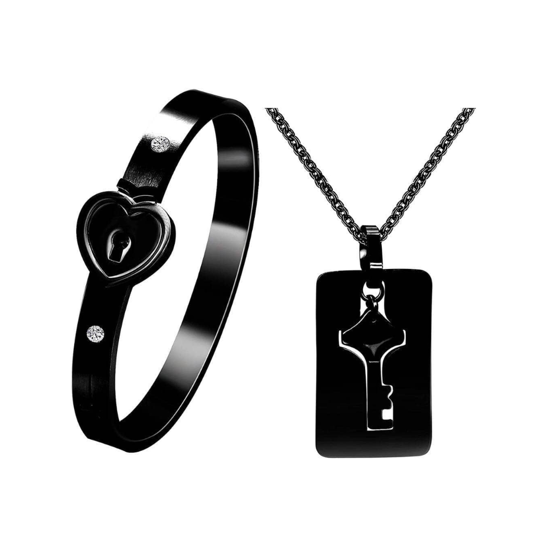 Lock and Key Necklace and Bracelet For Couples-Black Diamonds New York