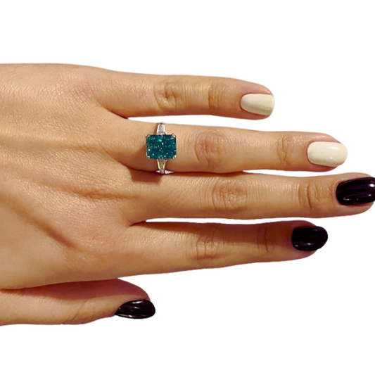4.0ct Simulated Paraiba Tourmaline Radiant Cut Three-Stone Engagement Ring-Black Diamonds New York