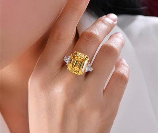 Yellow Sapphire Asscher Cut Three Stone Engagement Ring