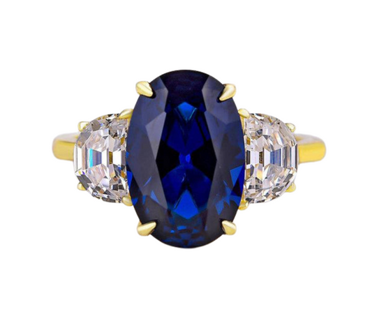 3.5ct Three Stone Simulated Blue Sapphire Oval Cut Yellow Gold Engagement Ring