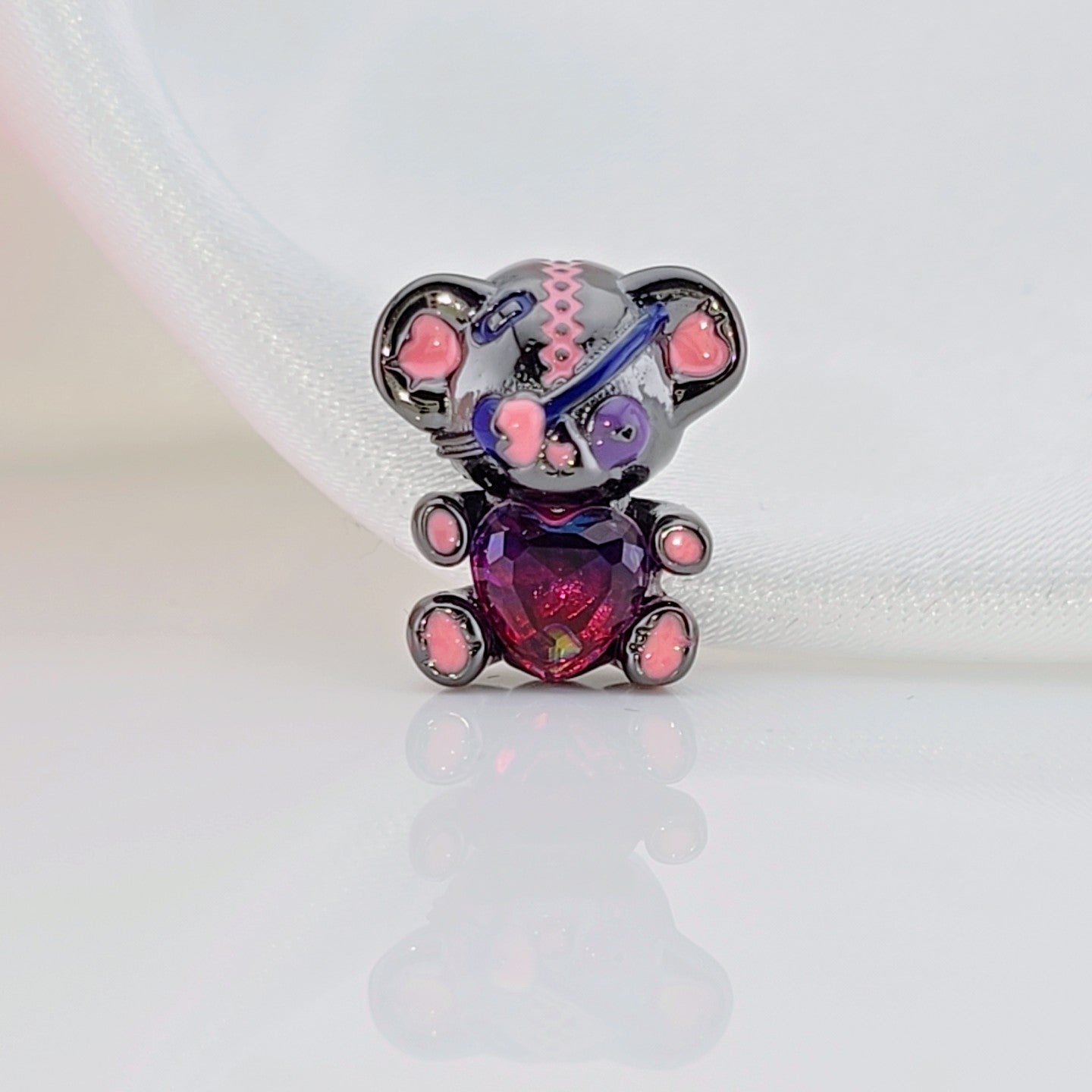 One-eyed Black & Pink Rebellious Bear Charm-Black Diamonds New York