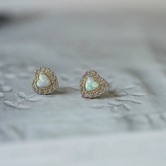 9k Yellow Gold Heart Shaped Opal Stud Earrings-Black Diamonds New York