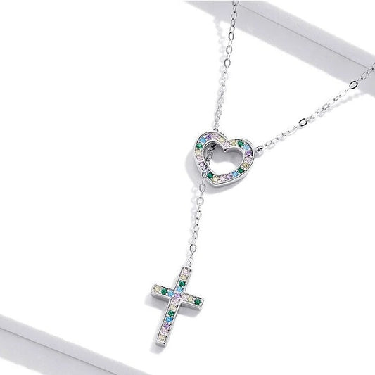 Multi Color Diamond Heart & Cross Pendant Necklace-Black Diamonds New York
