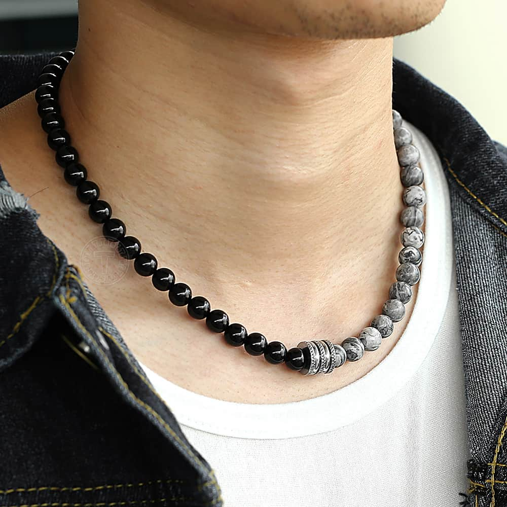 Natural Red Tiger Eyes Bead Men's Necklace-Black Diamonds New York