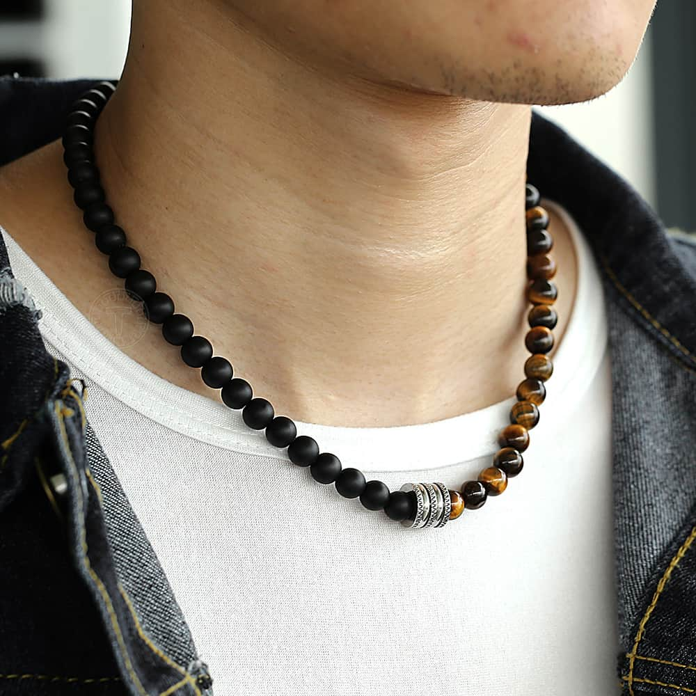 Natural Red Tiger Eyes Bead Men's Necklace-Black Diamonds New York